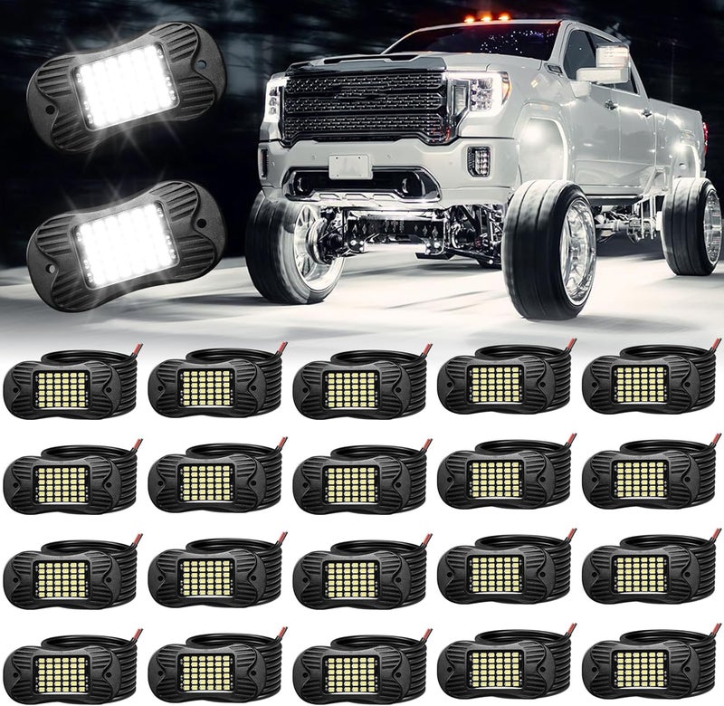 SHINIGHT 20 Pods White Rock Lights 6000K Pure White Super Bright Underglow Light,10FT/3M Extension Wires Each Light,36 LED SMD Chips,Waterproof IP68,Rock Lights for Trucks UTV ATV SUV Boats - Image 1